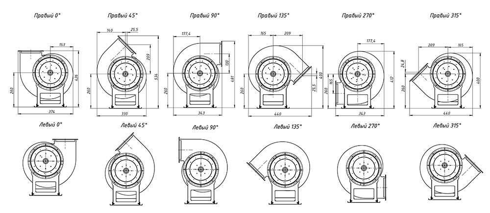 Габаритные и присоединительные размеры радиального вентилятора среднего давления ВЦ 14-46 №2 Исполнение 1, зависящие от положения корпуса