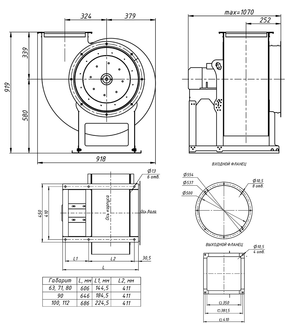 Габаритные и присоединительные размеры радиального вентилятора ВР 80-75 №5